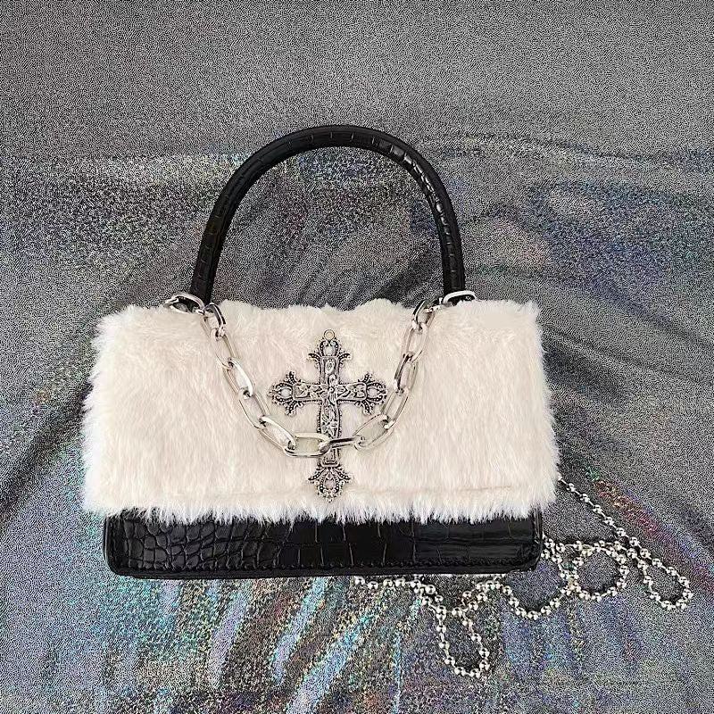 Gothic Fluffy Cross Mini Bag with Detachable Chain Strap