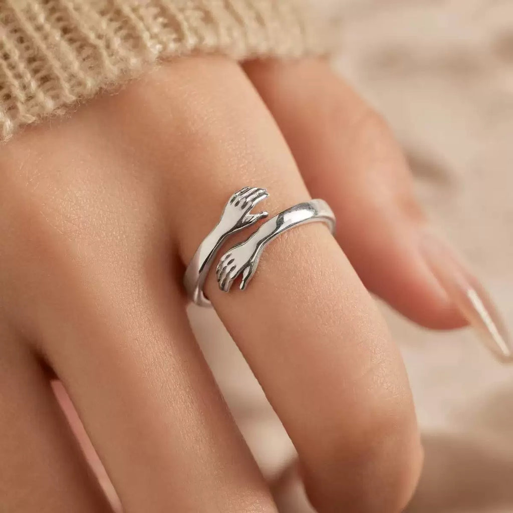 Adjustable S925 Sterling Silver Embracing Hands Ring for Women