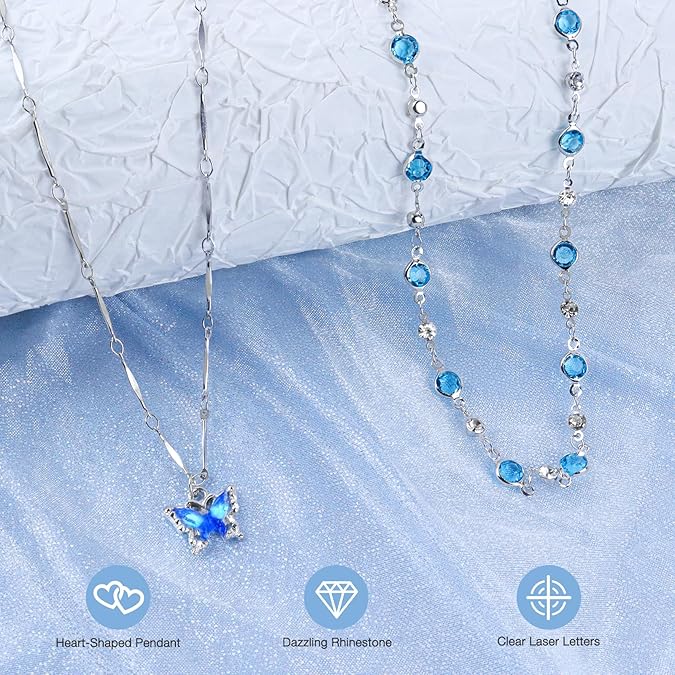 Blue Butterfly Necklace for Women Layered Necklace with Beaded Chain Silver Necklace with Dainty Pendant Jewelry Sets for Trendy Fashion Accessories Gifts for Birthday Mothers Day
