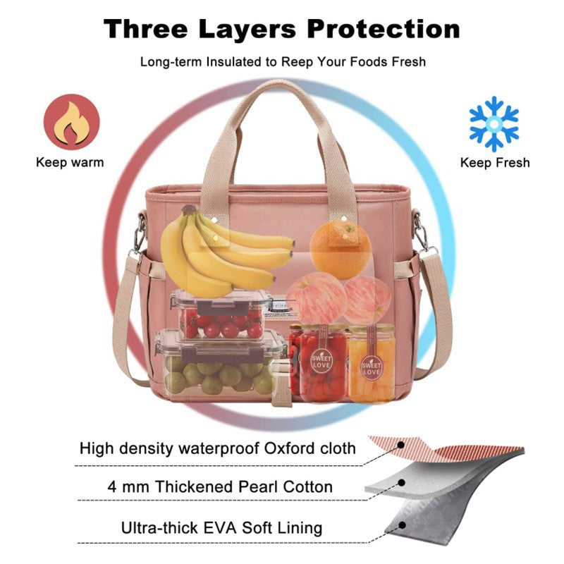 Wide Opening Insulated Lunch Bag with Detachable Strap and Side Pockets