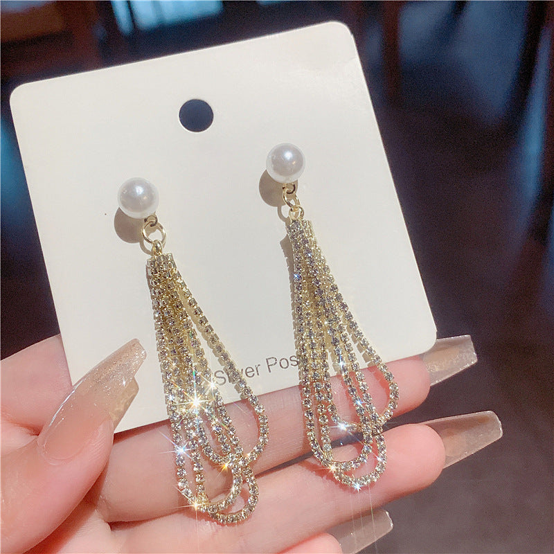 Silver Elegant Trendy Diamond Pearl Tassel Earrings Women's European and American French Fashion Drop-shaped Long Earrings Ear Jewelry