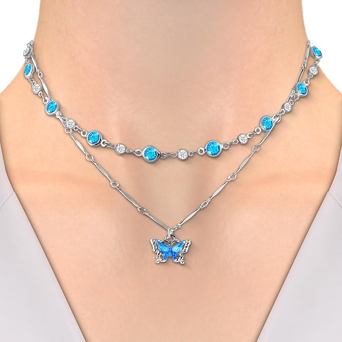 Blue Butterfly Necklace for Women Layered Necklace with Beaded Chain Silver Necklace with Dainty Pendant Jewelry Sets for Trendy Fashion Accessories Gifts for Birthday Mothers Day