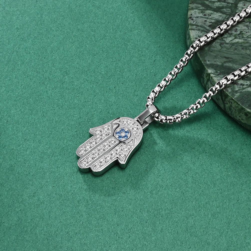 European and American Cross-border Classic Hand of Fatima CNC Full Diamond Titanium Steel Unisex Pendant Necklace Jewelry