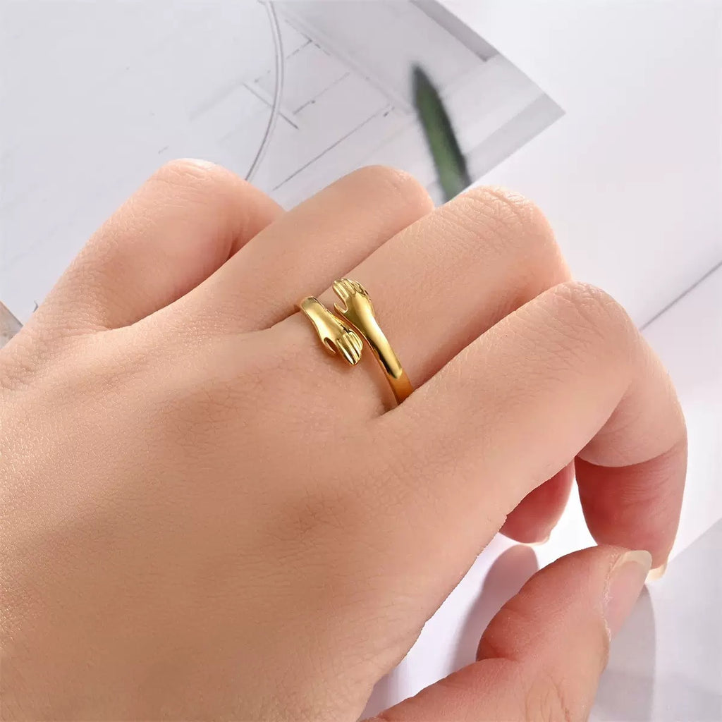 Adjustable S925 Sterling Silver Embracing Hands Ring for Women