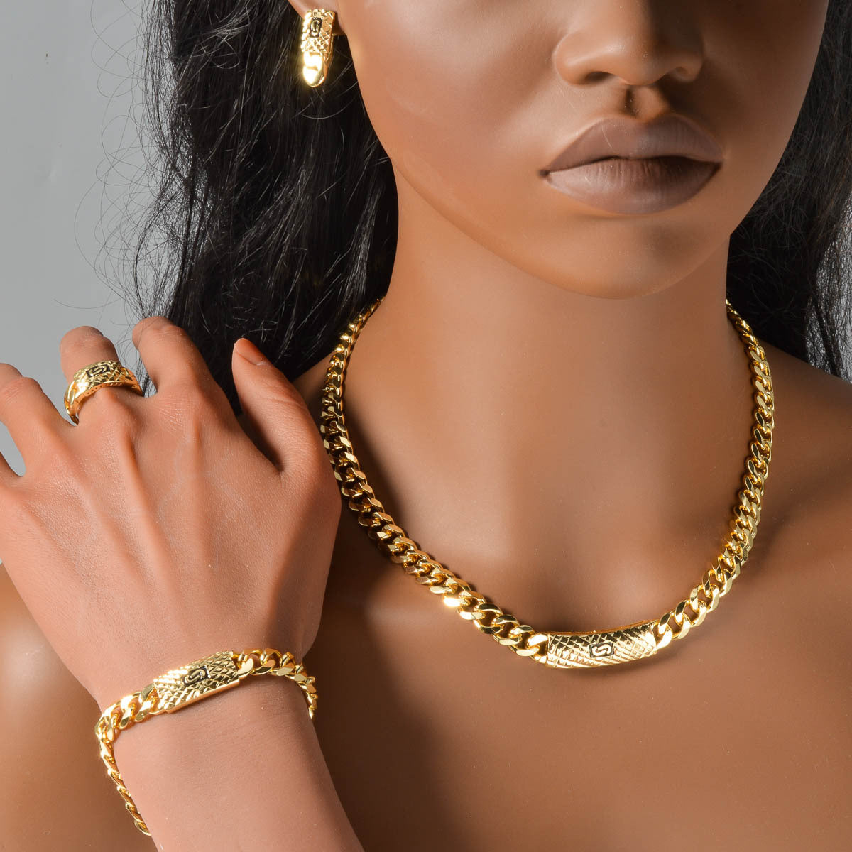 18K Gold Plated Cuban Chain Rhinestone Jewelry Set