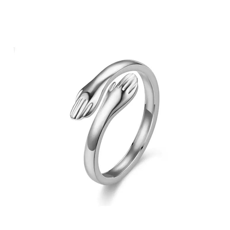 Adjustable S925 Sterling Silver Embracing Hands Ring for Women