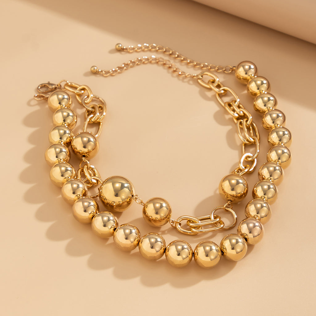 European and American Cross-border Jewelry Creative Punk Style Round Bead Double Layer Overlapping Necklace necklace Exaggerated Metal Chain