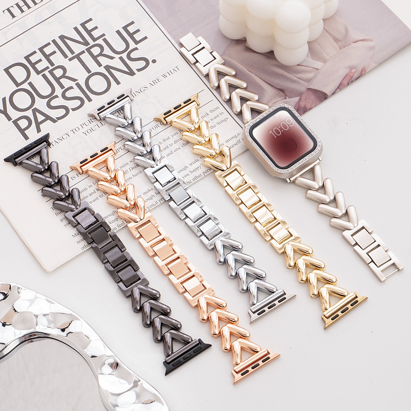 Apple Watch with V-shaped bracelet for women, made of metal