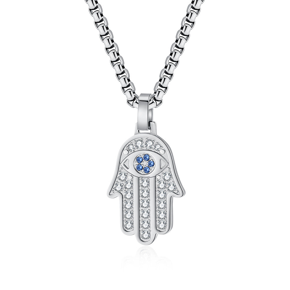 European and American Cross-border Classic Hand of Fatima CNC Full Diamond Titanium Steel Unisex Pendant Necklace Jewelry
