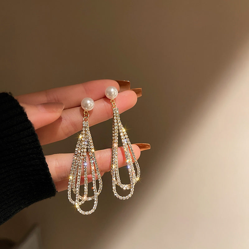 Silver Elegant Trendy Diamond Pearl Tassel Earrings Women's European and American French Fashion Drop-shaped Long Earrings Ear Jewelry
