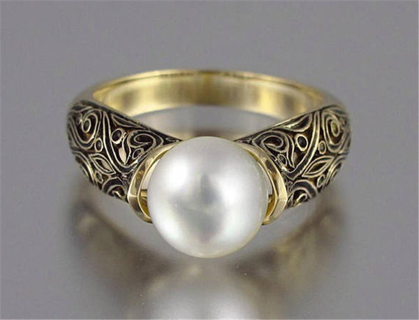 14K Gold-Plated Retro Pearl Ring ? Inlaid Faux ABS Pearl Silver Jewelry