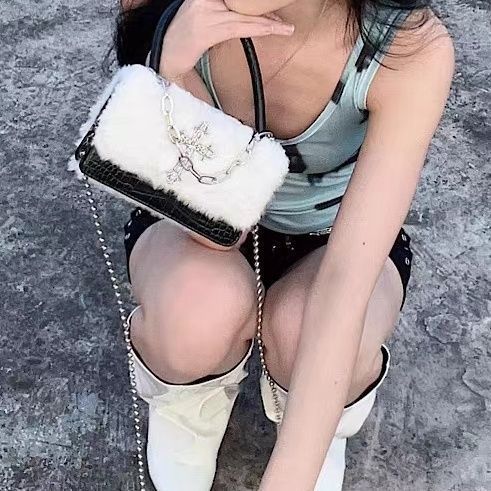 Gothic Fluffy Cross Mini Bag with Detachable Chain Strap