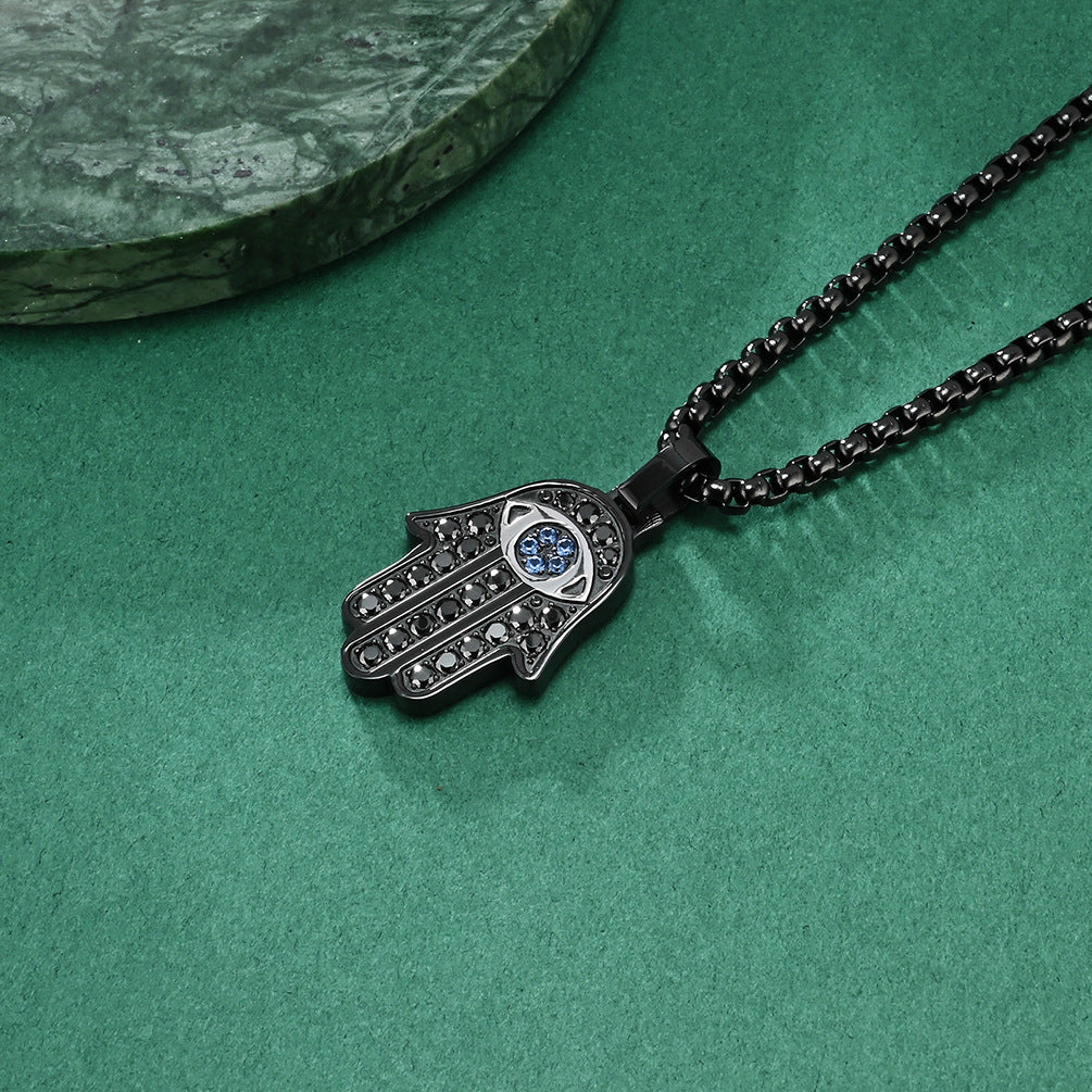 European and American Cross-border Classic Hand of Fatima CNC Full Diamond Titanium Steel Unisex Pendant Necklace Jewelry