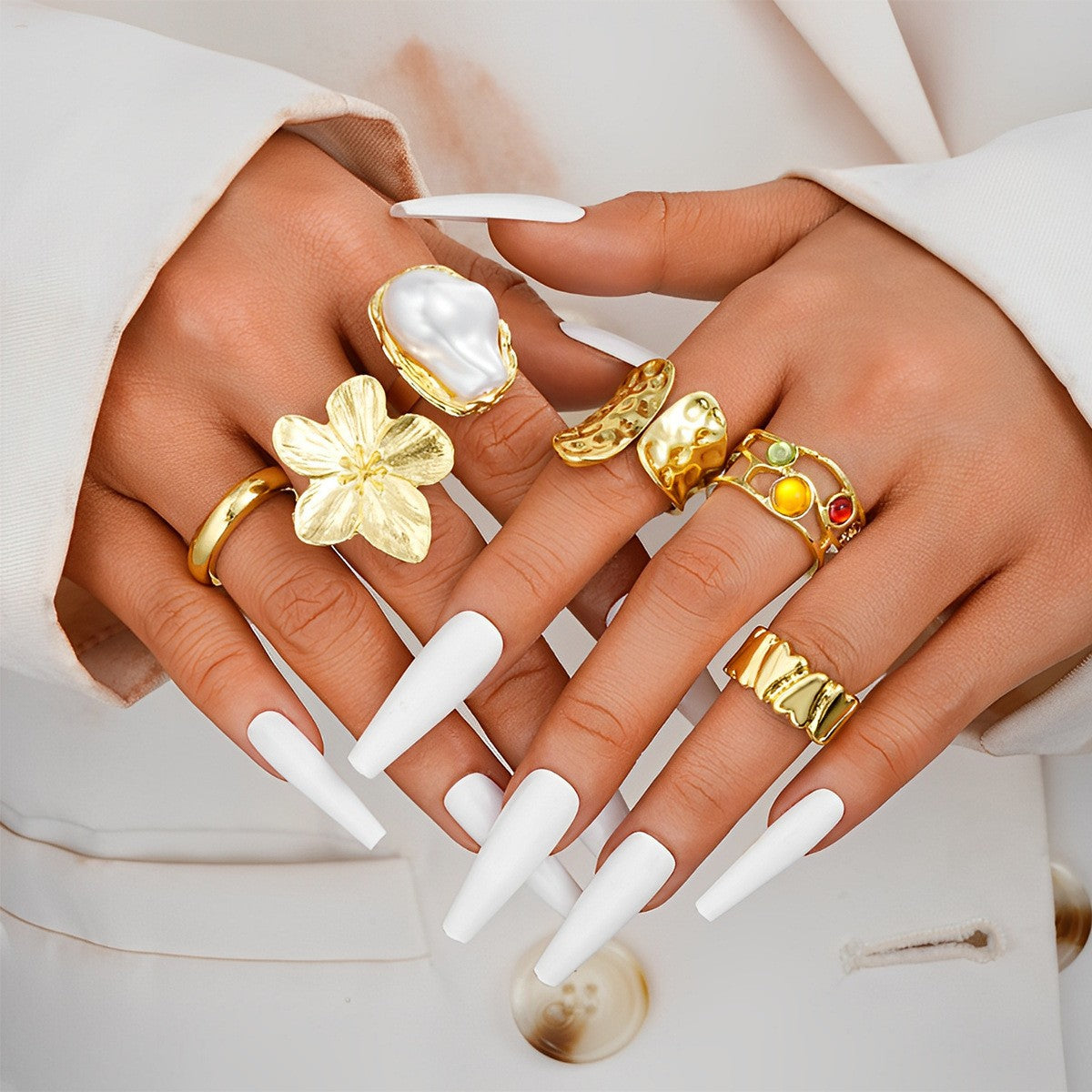 Stackable Gemstone Pearl Open Wide Rings for Women