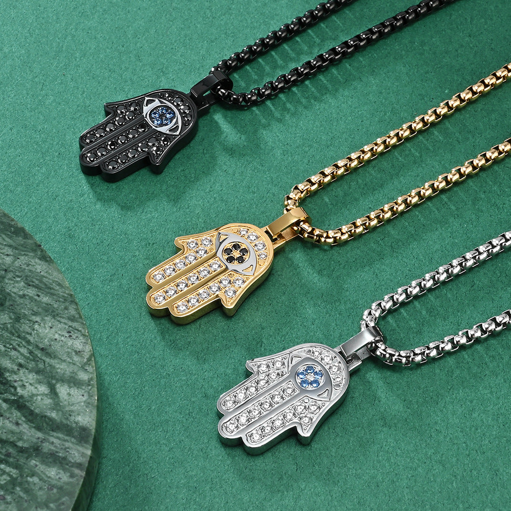 European and American Cross-border Classic Hand of Fatima CNC Full Diamond Titanium Steel Unisex Pendant Necklace Jewelry
