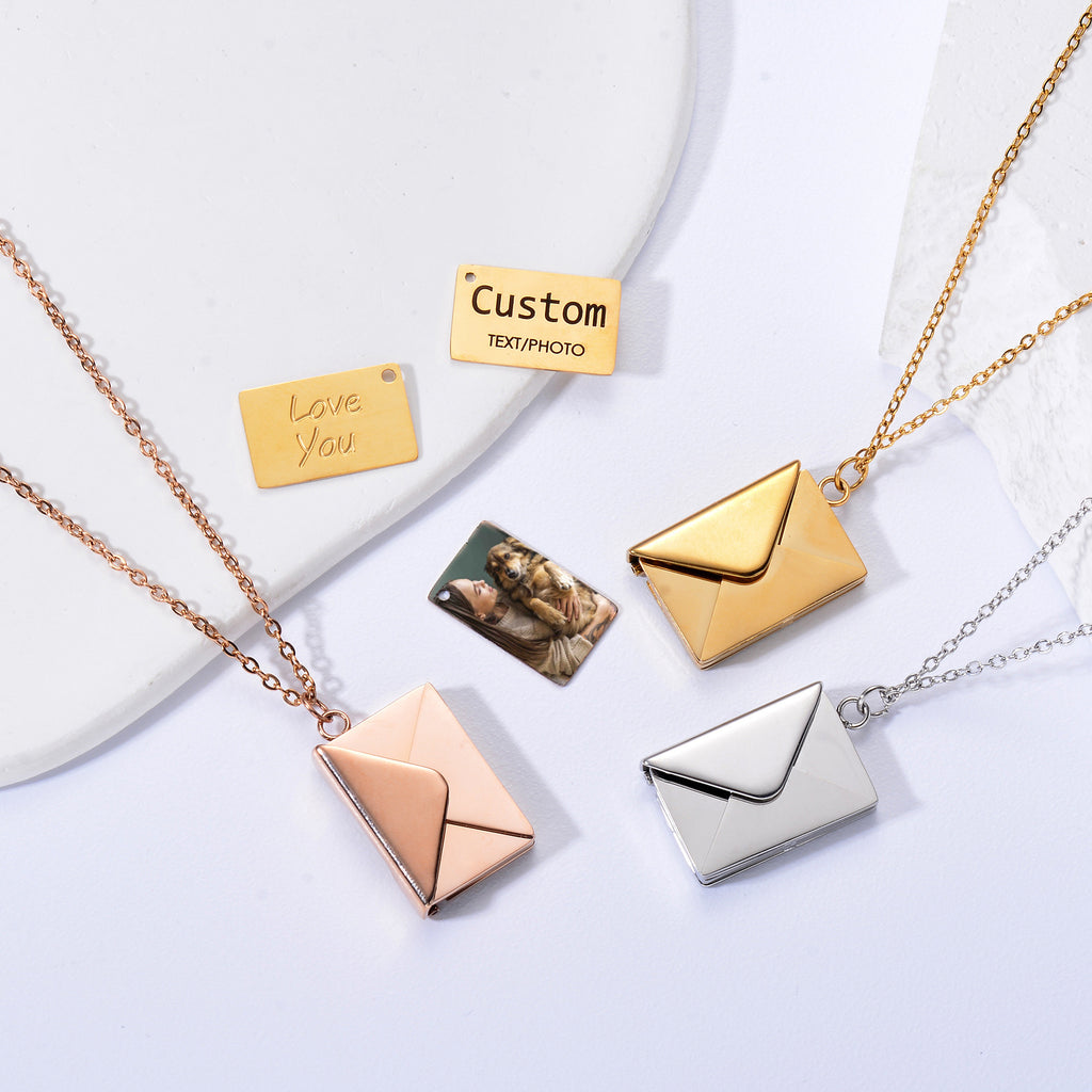 Engraved Love Letter Envelope Necklace Stainless Steel Couple Pendant