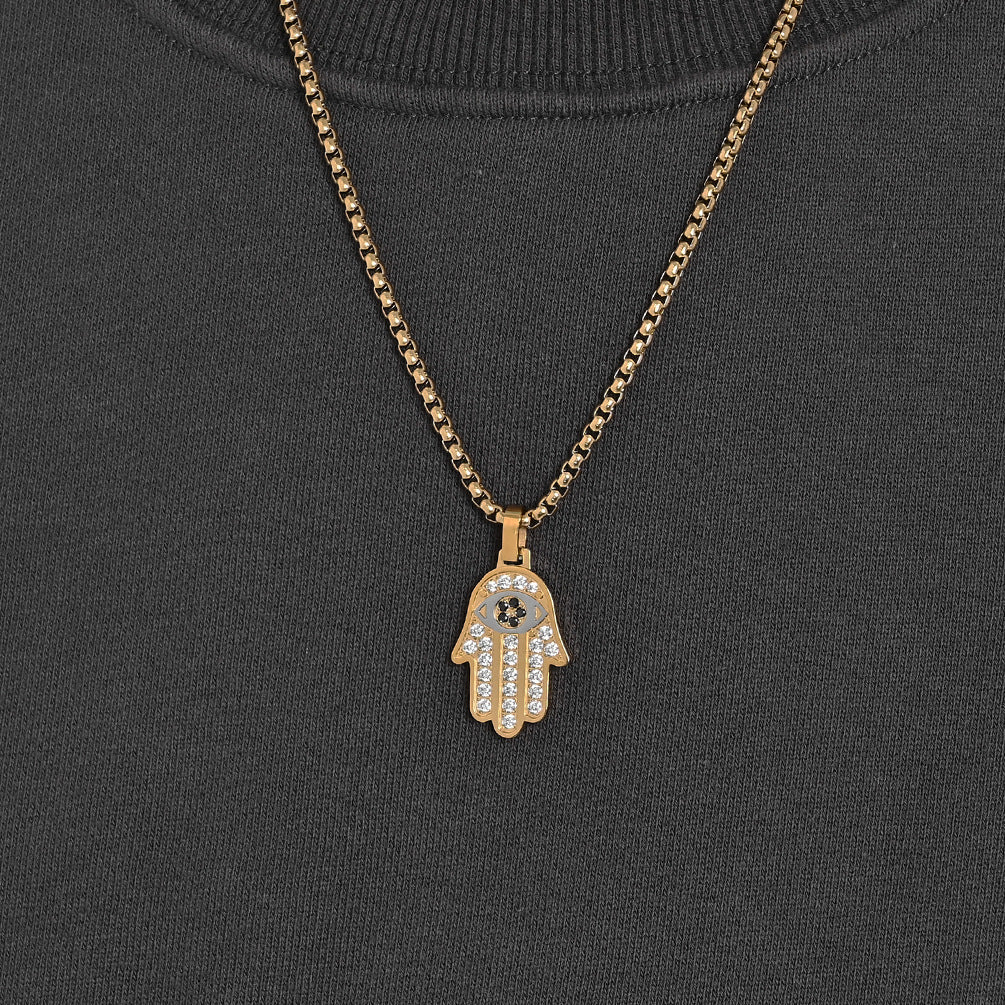 European and American Cross-border Classic Hand of Fatima CNC Full Diamond Titanium Steel Unisex Pendant Necklace Jewelry