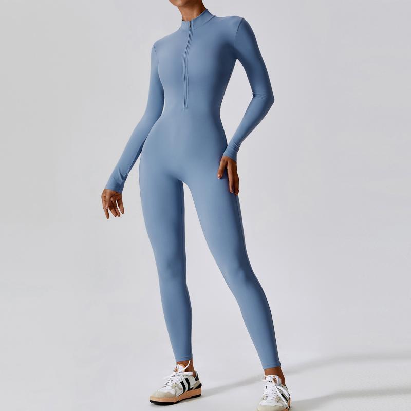Long Sleeve Zipper Tight Fitness Jumpsuit for Women