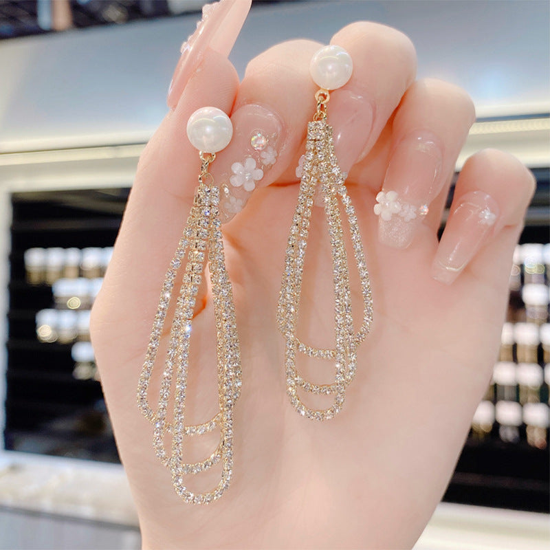 Silver Elegant Trendy Diamond Pearl Tassel Earrings Women's European and American French Fashion Drop-shaped Long Earrings Ear Jewelry