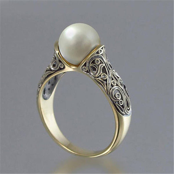 14K Gold-Plated Retro Pearl Ring ? Inlaid Faux ABS Pearl Silver Jewelry