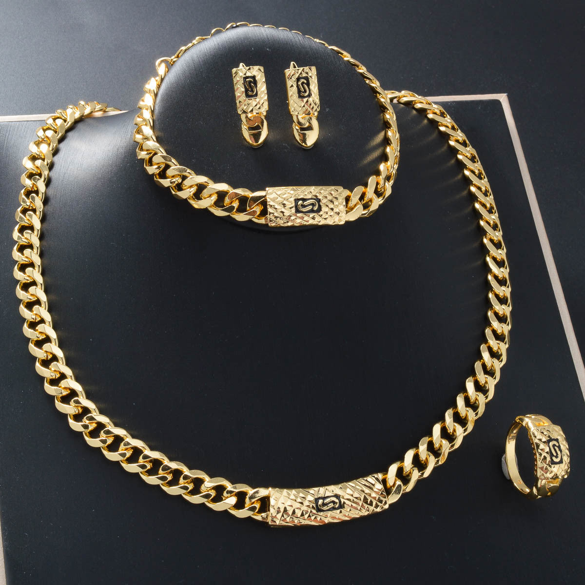 18K Gold Plated Cuban Chain Rhinestone Jewelry Set
