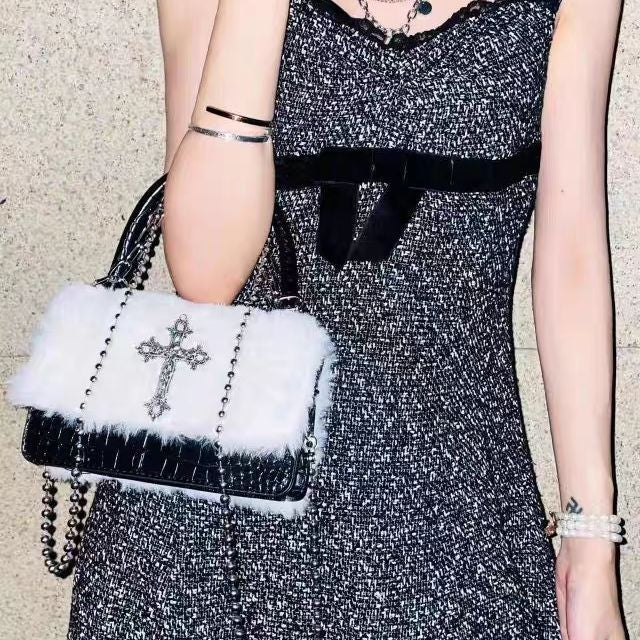 Gothic Fluffy Cross Mini Bag with Detachable Chain Strap
