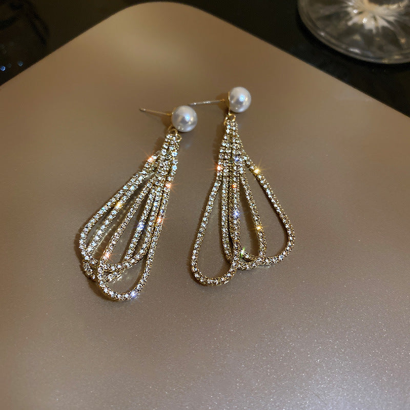 Silver Elegant Trendy Diamond Pearl Tassel Earrings Women's European and American French Fashion Drop-shaped Long Earrings Ear Jewelry