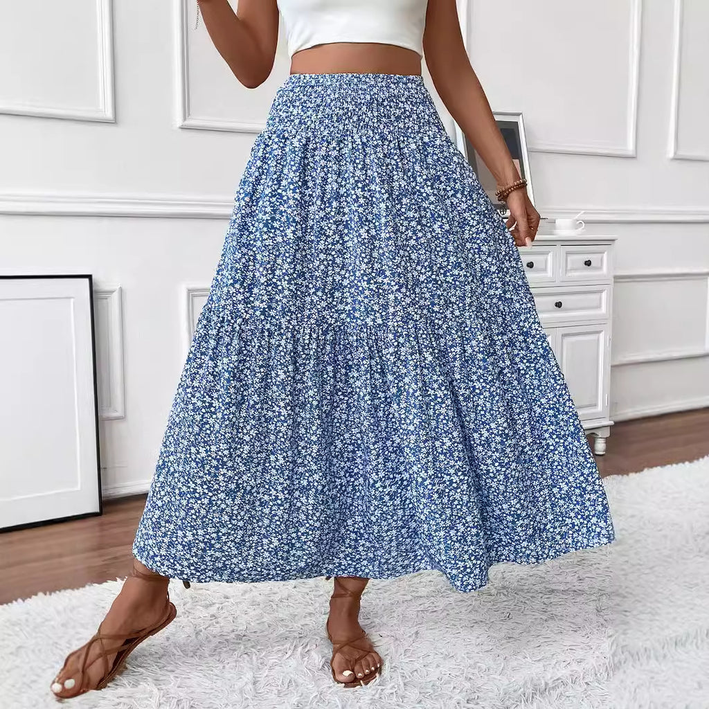 Small Floral Three-layer Stitching Long Skirt High-end Women&#039;s A- Line Skirt