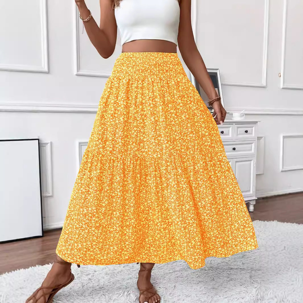 Small Floral Three-layer Stitching Long Skirt High-end Women&#039;s A- Line Skirt