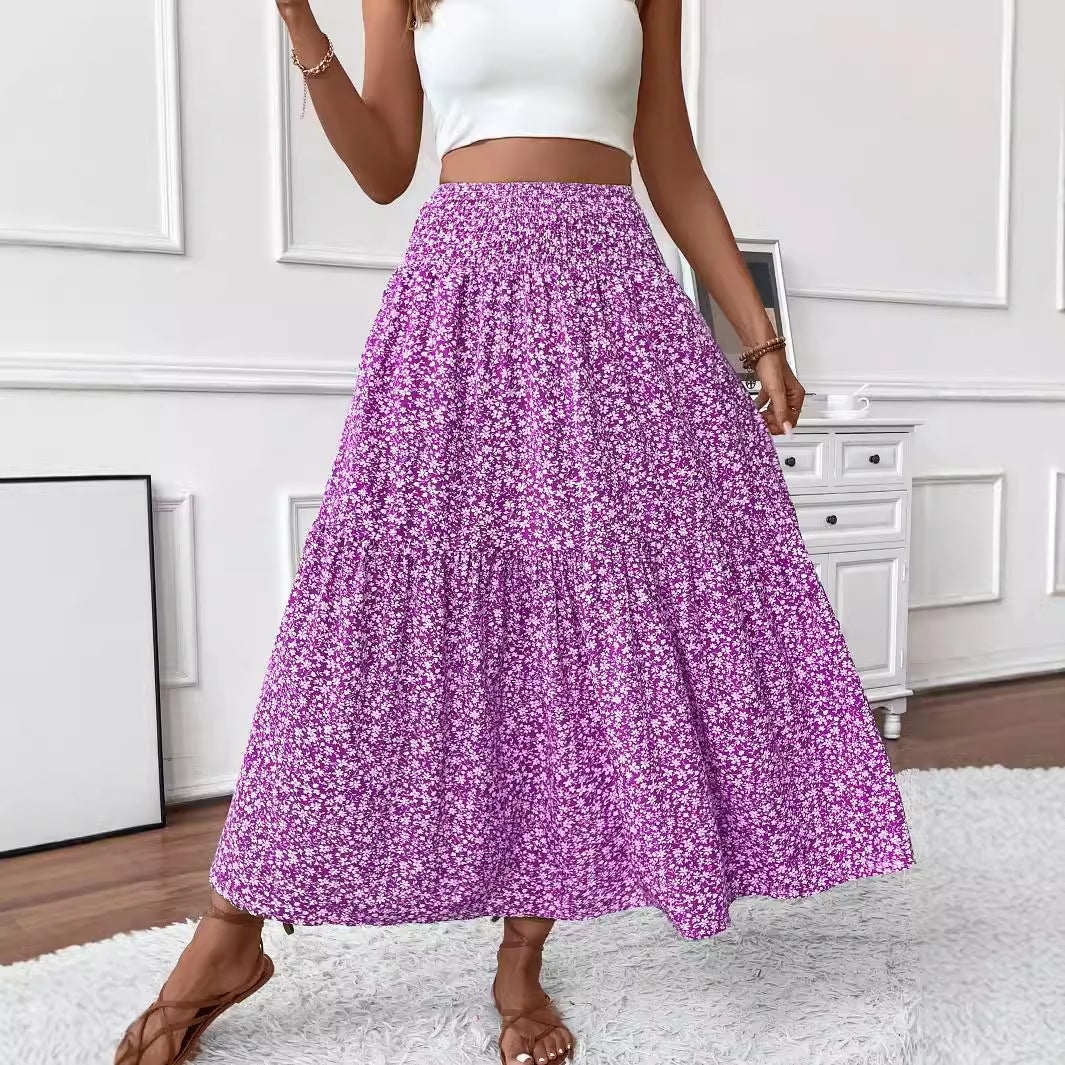 Small Floral Three-layer Stitching Long Skirt High-end Women&#039;s A- Line Skirt
