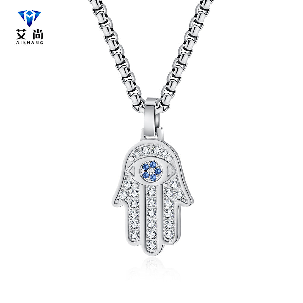 European and American Cross-border Classic Hand of Fatima CNC Full Diamond Titanium Steel Unisex Pendant Necklace Jewelry