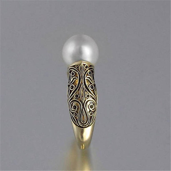 14K Gold-Plated Retro Pearl Ring ? Inlaid Faux ABS Pearl Silver Jewelry