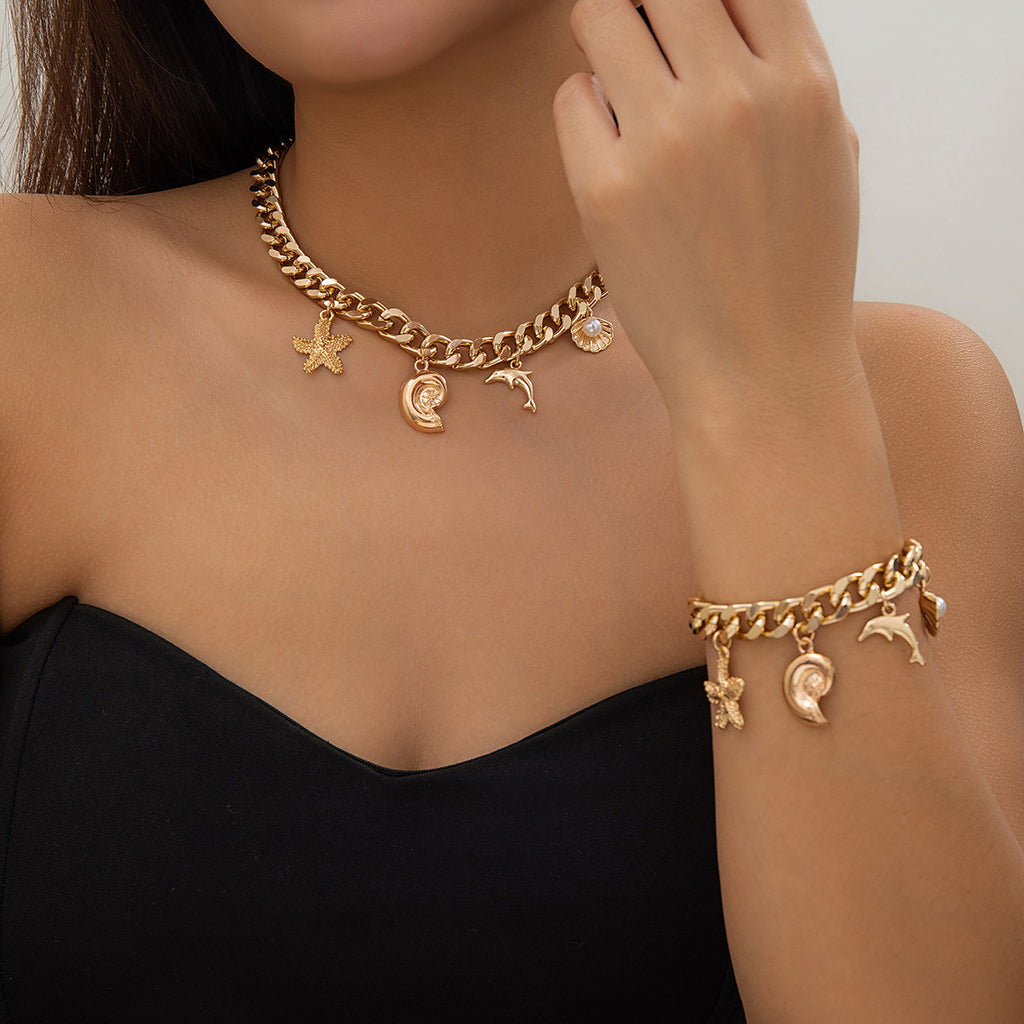 European and American Cross-border Jewelry Ocean Wind Dolphin Shell Imitation Pearl Necklace Women Mix and Match Beach Starfish Pendant Necklace