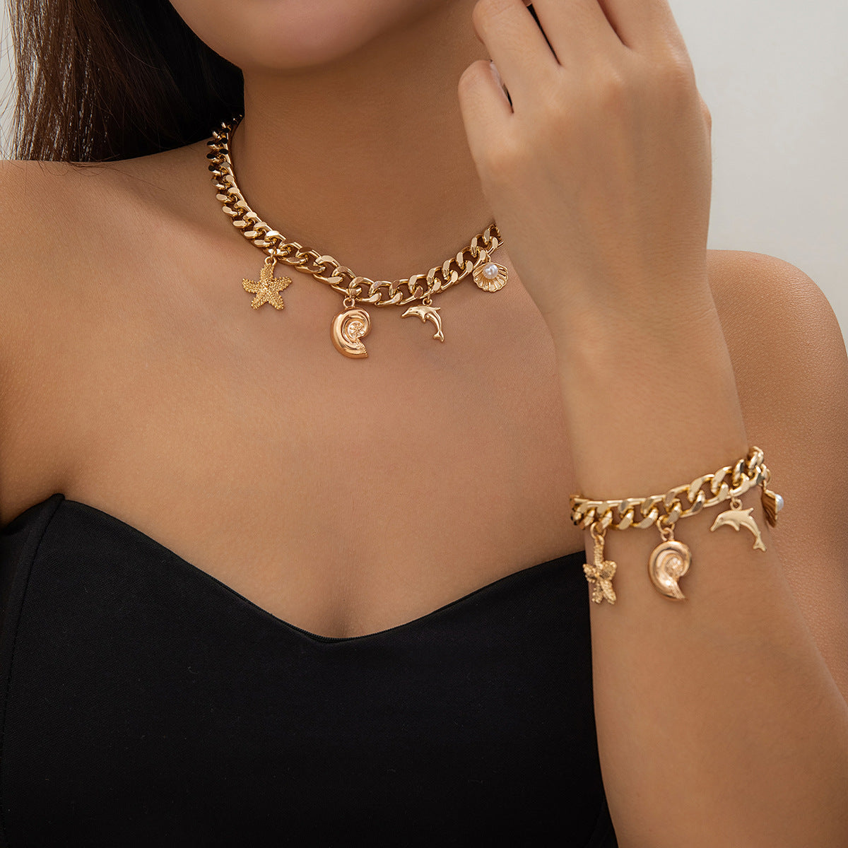 European and American Cross-border Jewelry Ocean Wind Dolphin Shell Imitation Pearl Necklace Women Mix and Match Beach Starfish Pendant Necklace