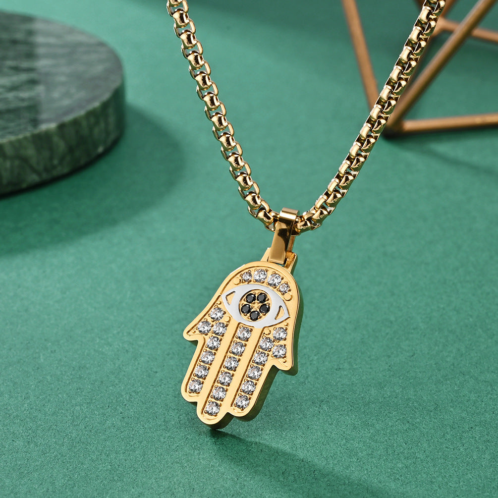 European and American Cross-border Classic Hand of Fatima CNC Full Diamond Titanium Steel Unisex Pendant Necklace Jewelry