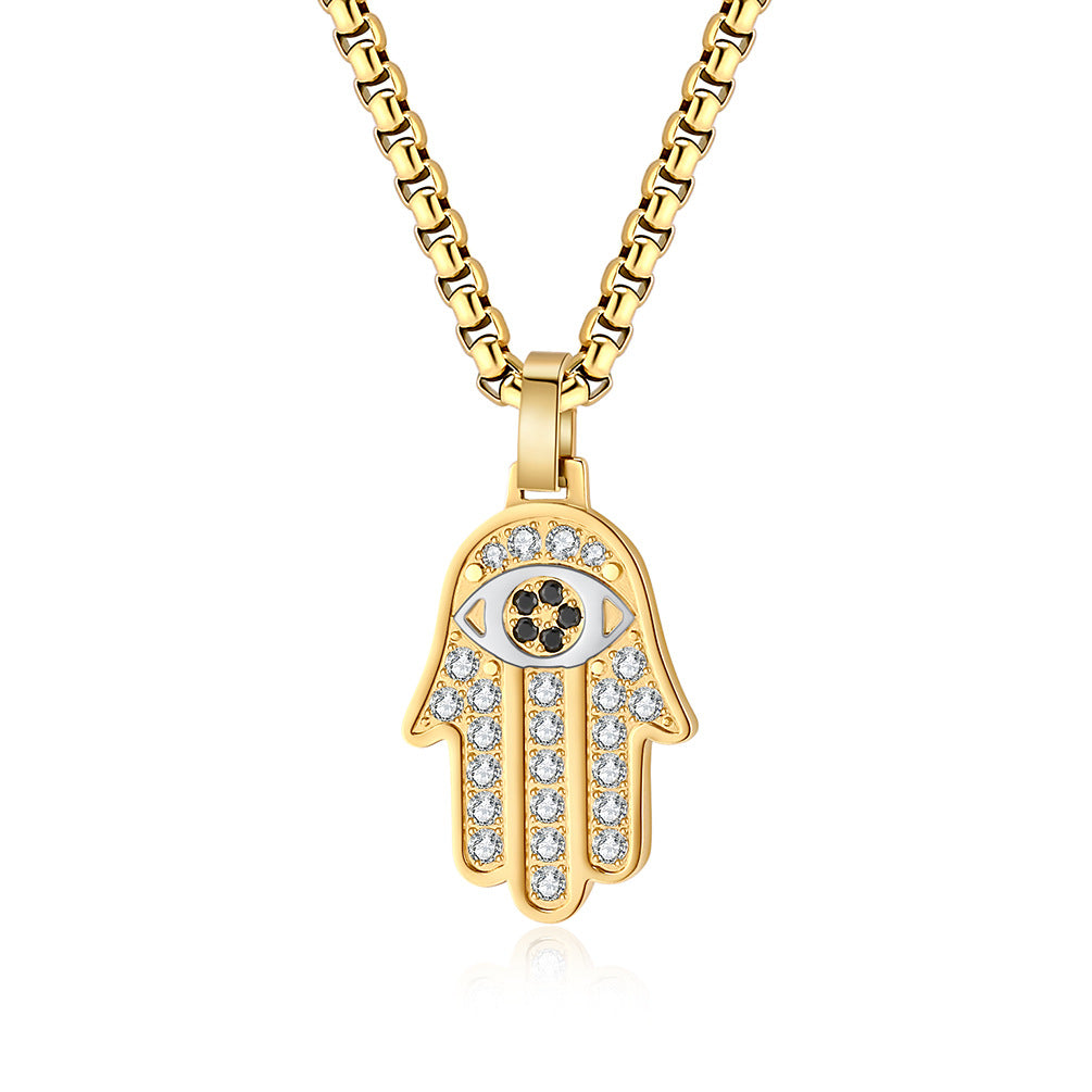 European and American Cross-border Classic Hand of Fatima CNC Full Diamond Titanium Steel Unisex Pendant Necklace Jewelry