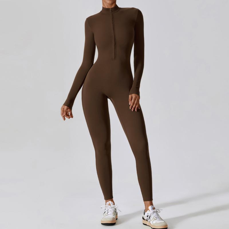 Long Sleeve Zipper Tight Fitness Jumpsuit for Women