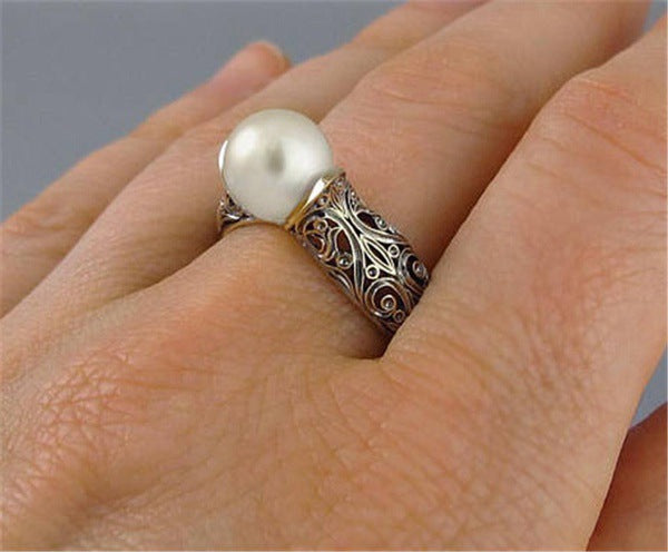14K Gold-Plated Retro Pearl Ring ? Inlaid Faux ABS Pearl Silver Jewelry