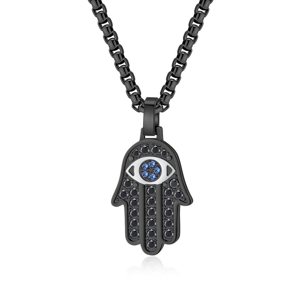 European and American Cross-border Classic Hand of Fatima CNC Full Diamond Titanium Steel Unisex Pendant Necklace Jewelry