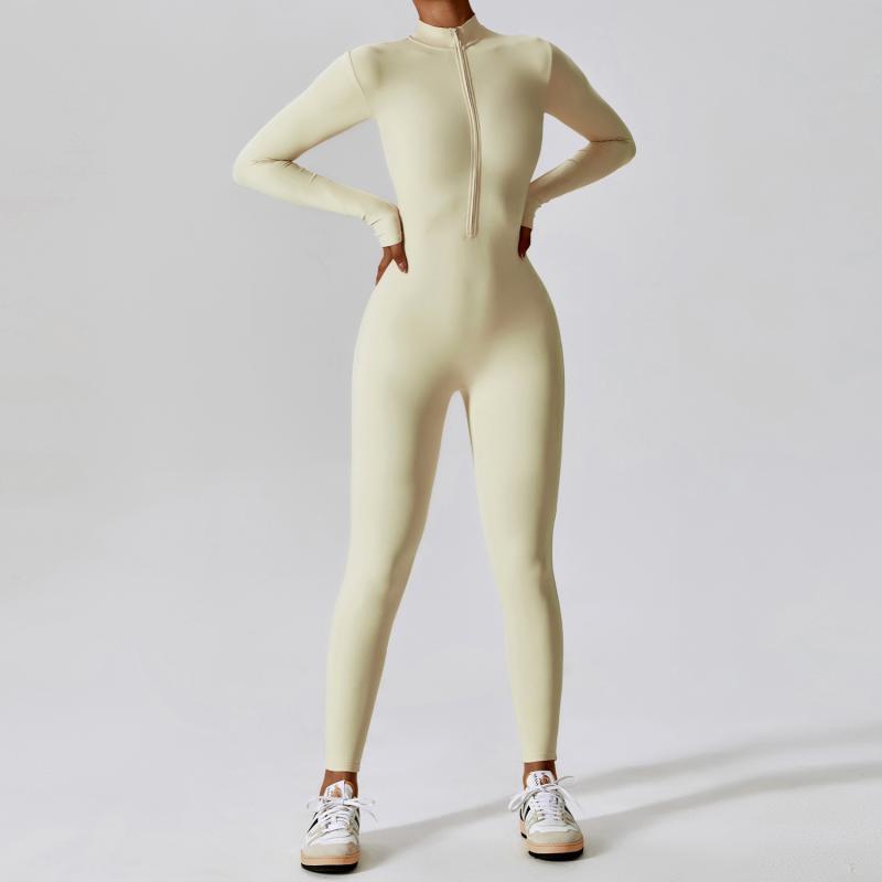 Long Sleeve Zipper Tight Fitness Jumpsuit for Women