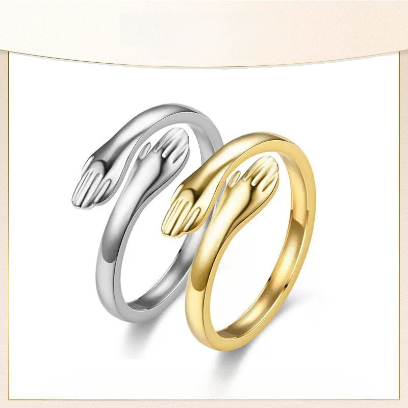 Adjustable S925 Sterling Silver Embracing Hands Ring for Women